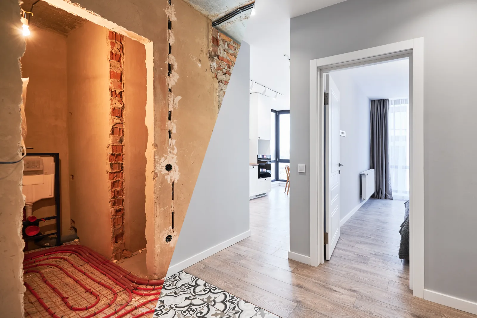 A split before-and-after view of one room, stripped brick, chased conduit and loose heating pipe on one side of the diagonal and finished paint, tile and trim on the other