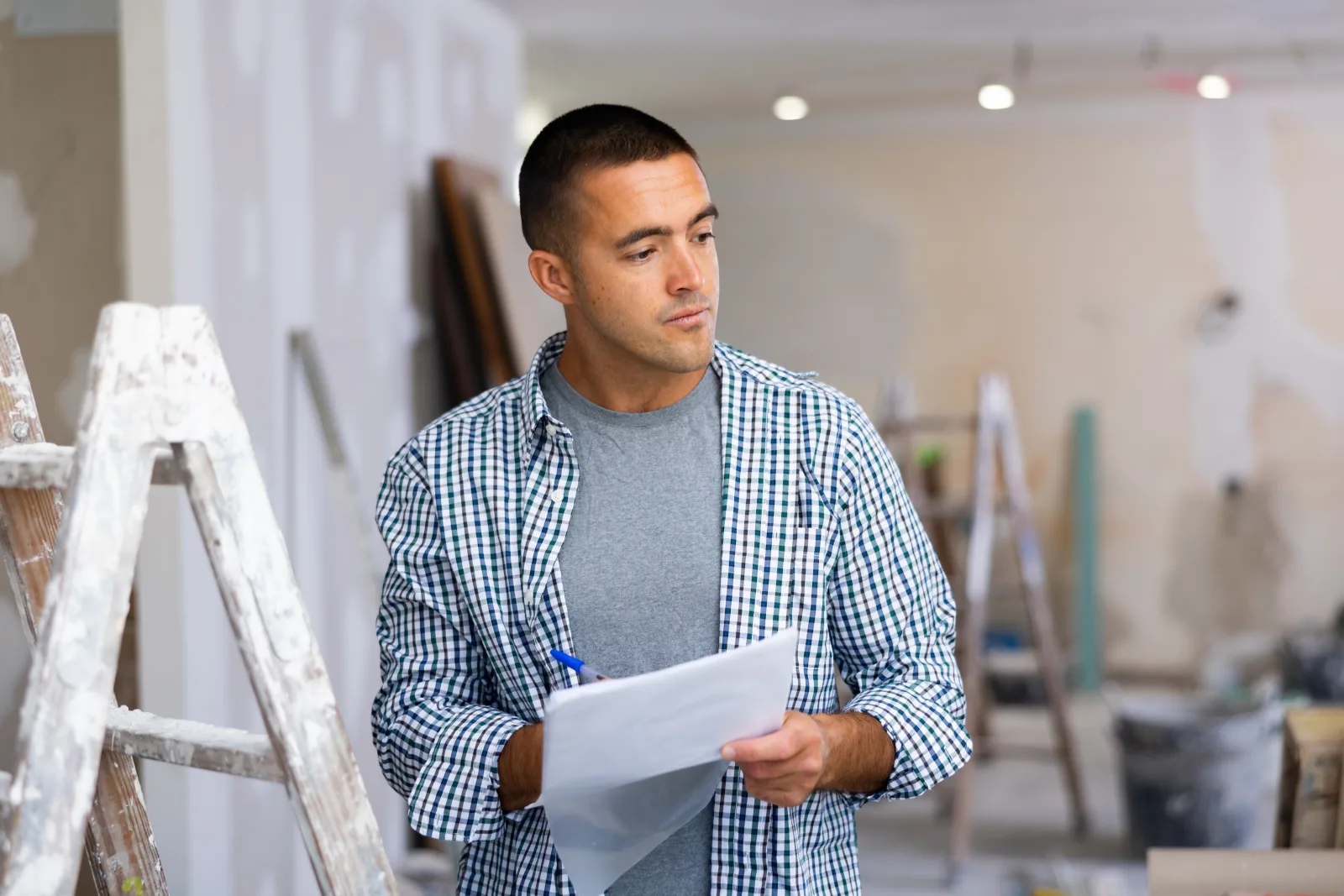 A man standing in a room under renovation reading a sheaf of papers, paint-spattered ladders and buckets around him — fix and flip insurance in Delaware