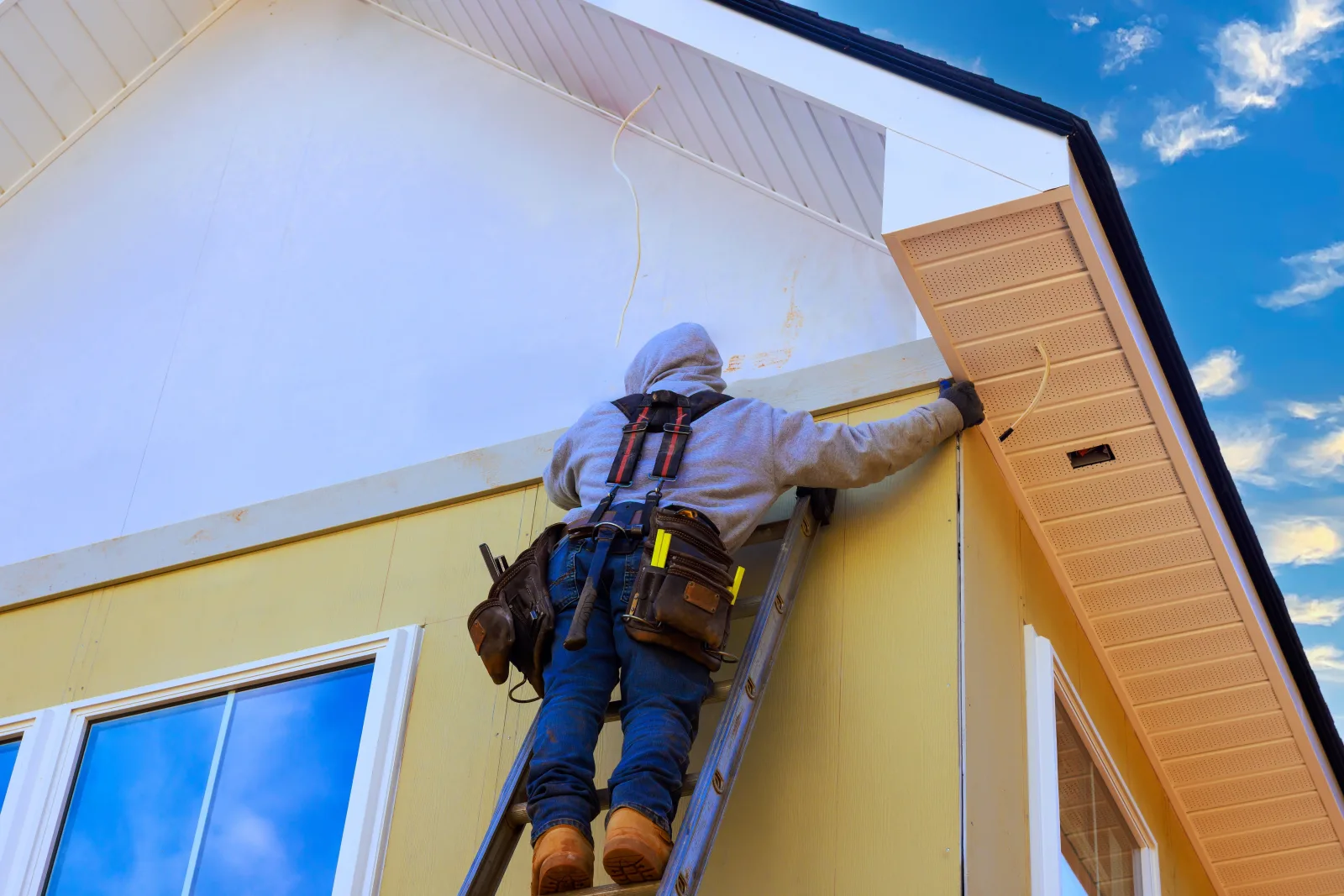A worker on a ladder pressing a soffit panel into the underside of a gable return above new siding — fix and flip insurance in California